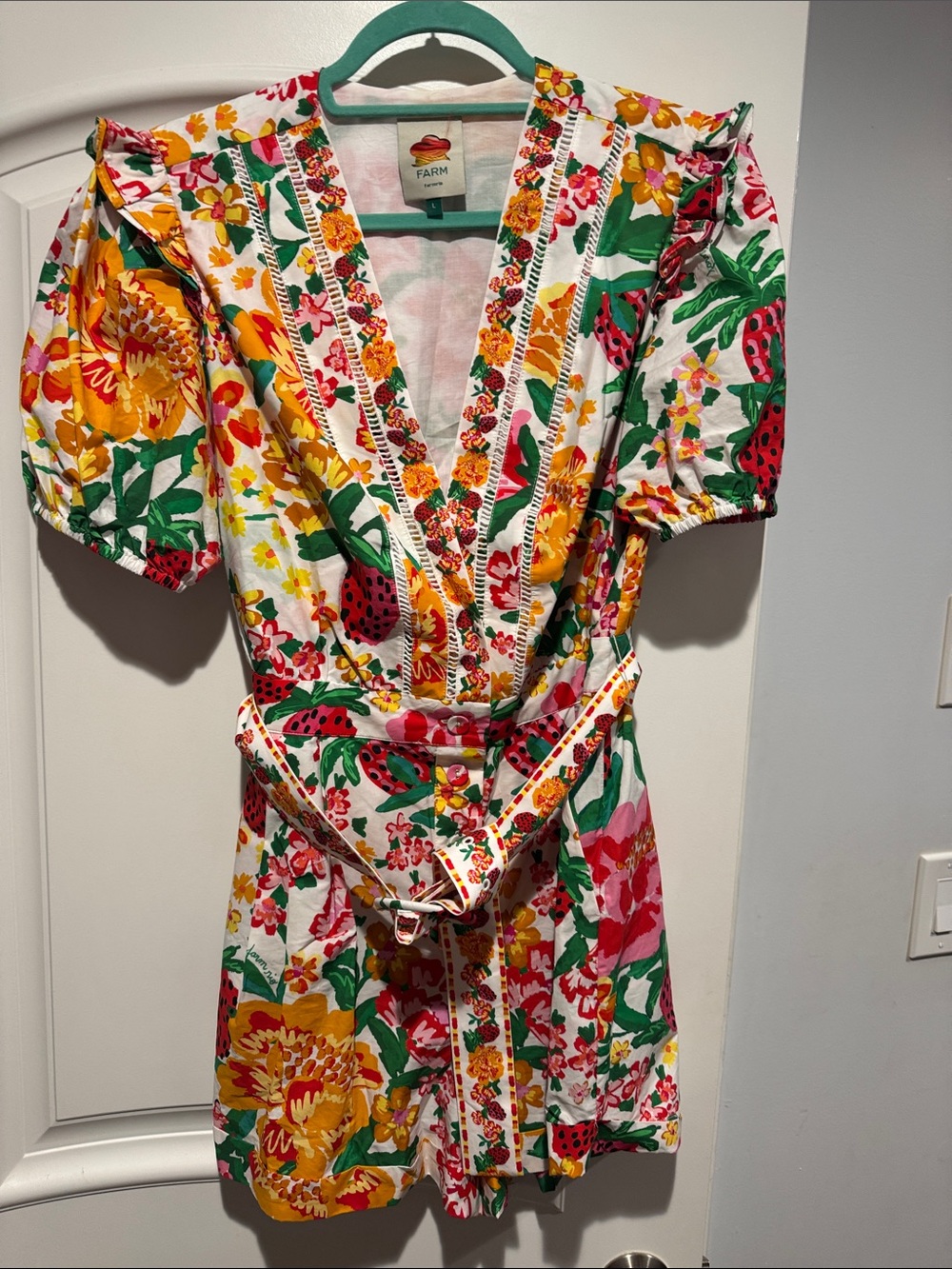 FARM Rio White Floral & Strawberry Wrap Romper in Yellow, Green, Red